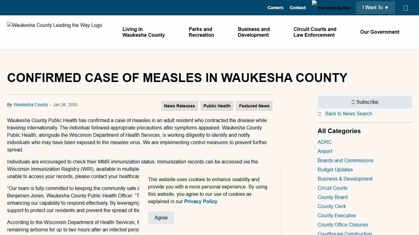 CONFIRMED CASE OF MEASLES IN WAUKESHA COUNTY Waukesha County